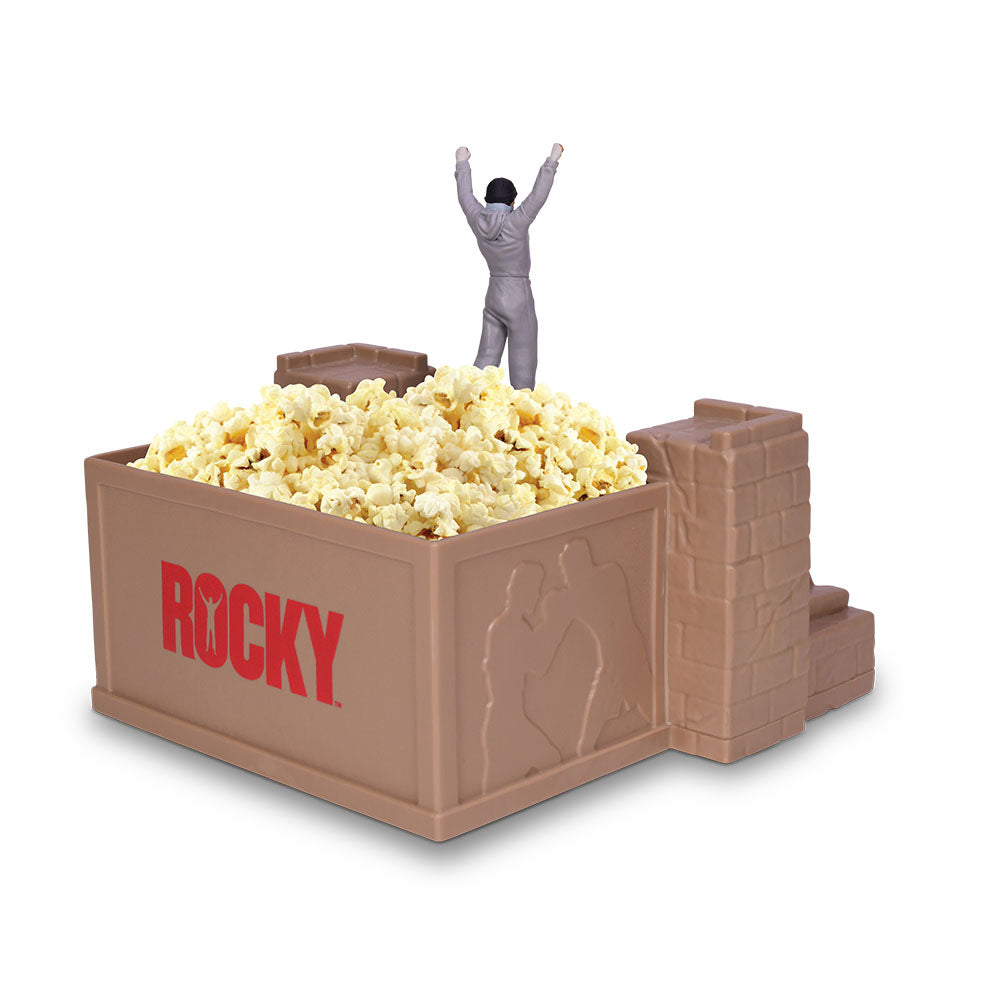 Side profile of the Rocky themed popcorn bucket displaying collectible movie graphics