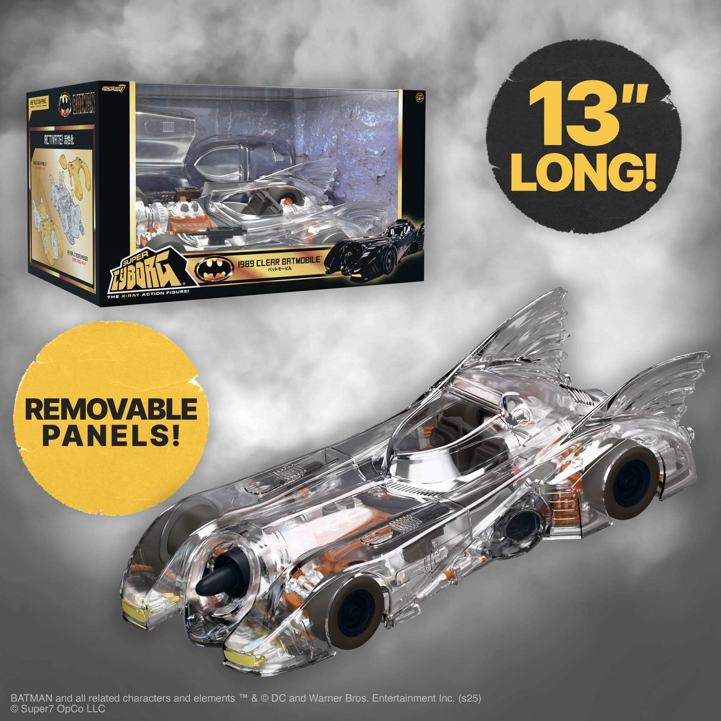Batman Batmobile 1989 clear plastic figure on display with rolling wheels