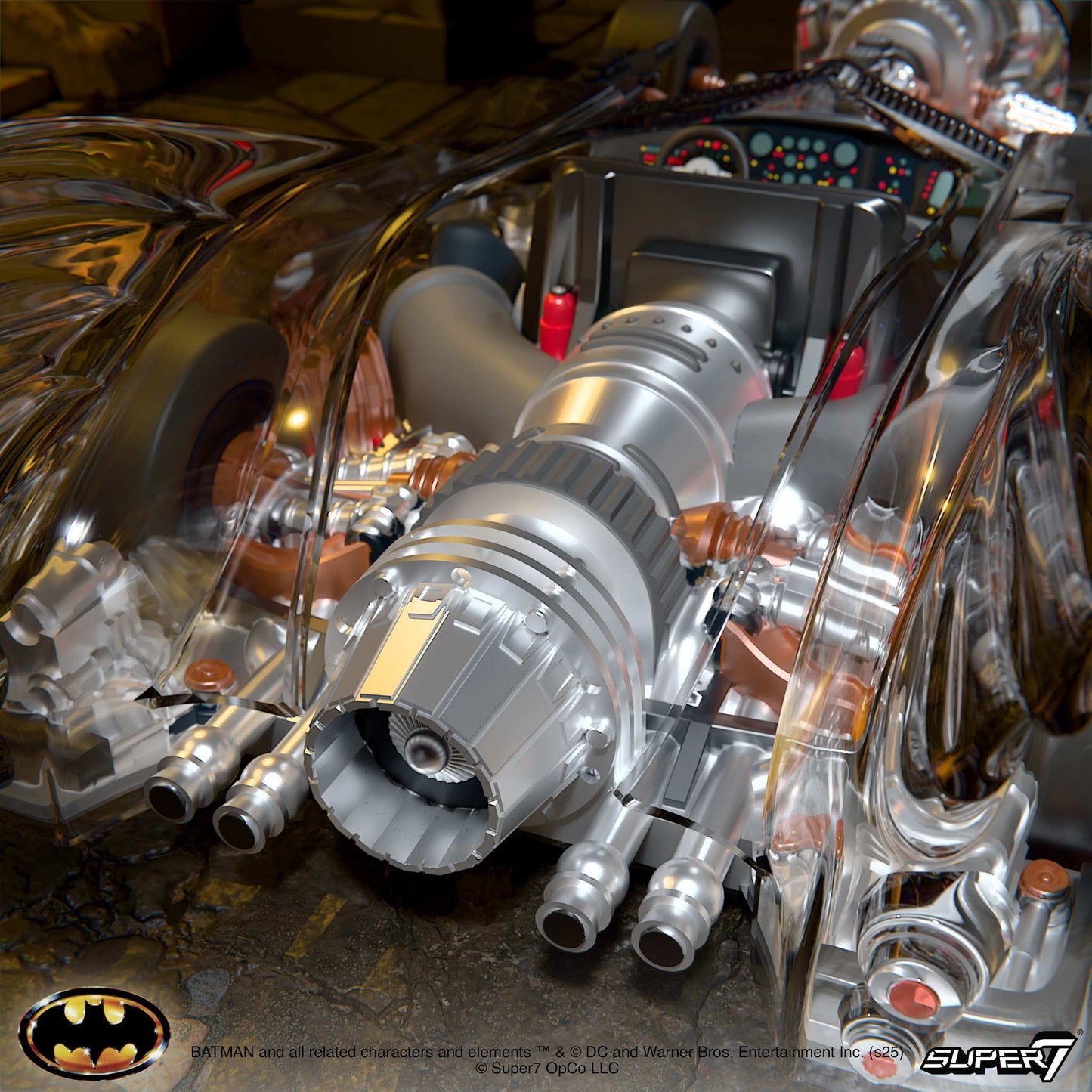Detailed view of the V-12 engine inside the clear Super Cyborg Batmobile