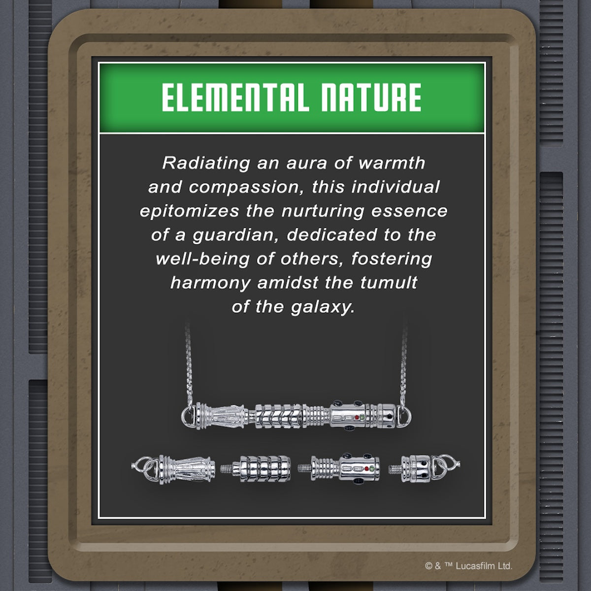 Close-up of Star Wars RockLove Elemental Nature Lightsaber hilt components, unassembled