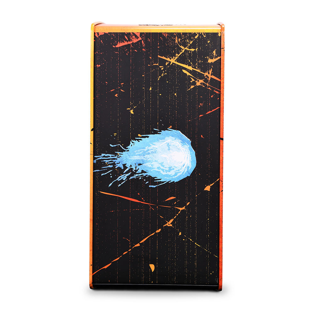 Side profile of the Street Fighter popcorn tin showing arcade artwork and controls design