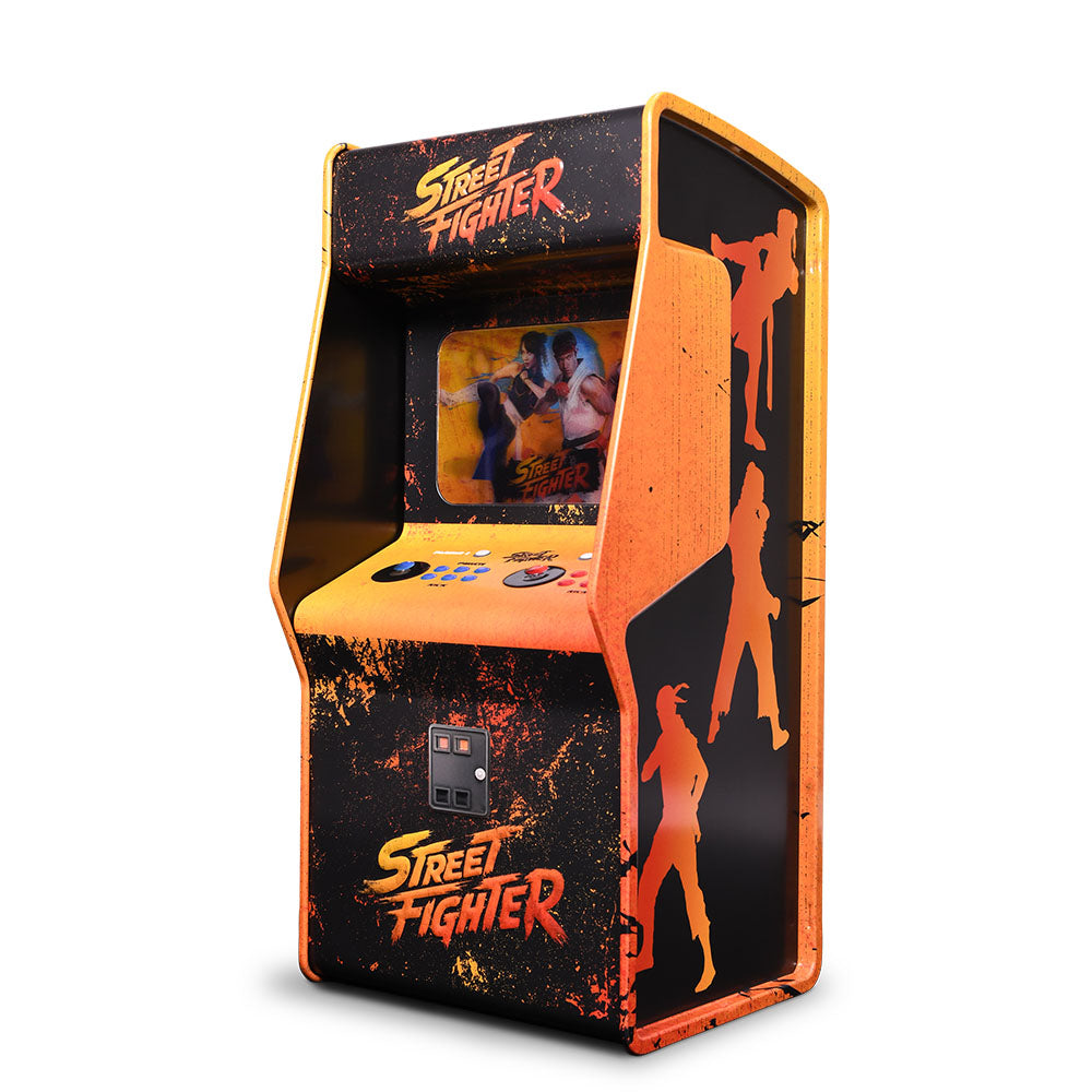 Front view of the Street Fighter arcade popcorn tin featuring classic cabinet graphics
