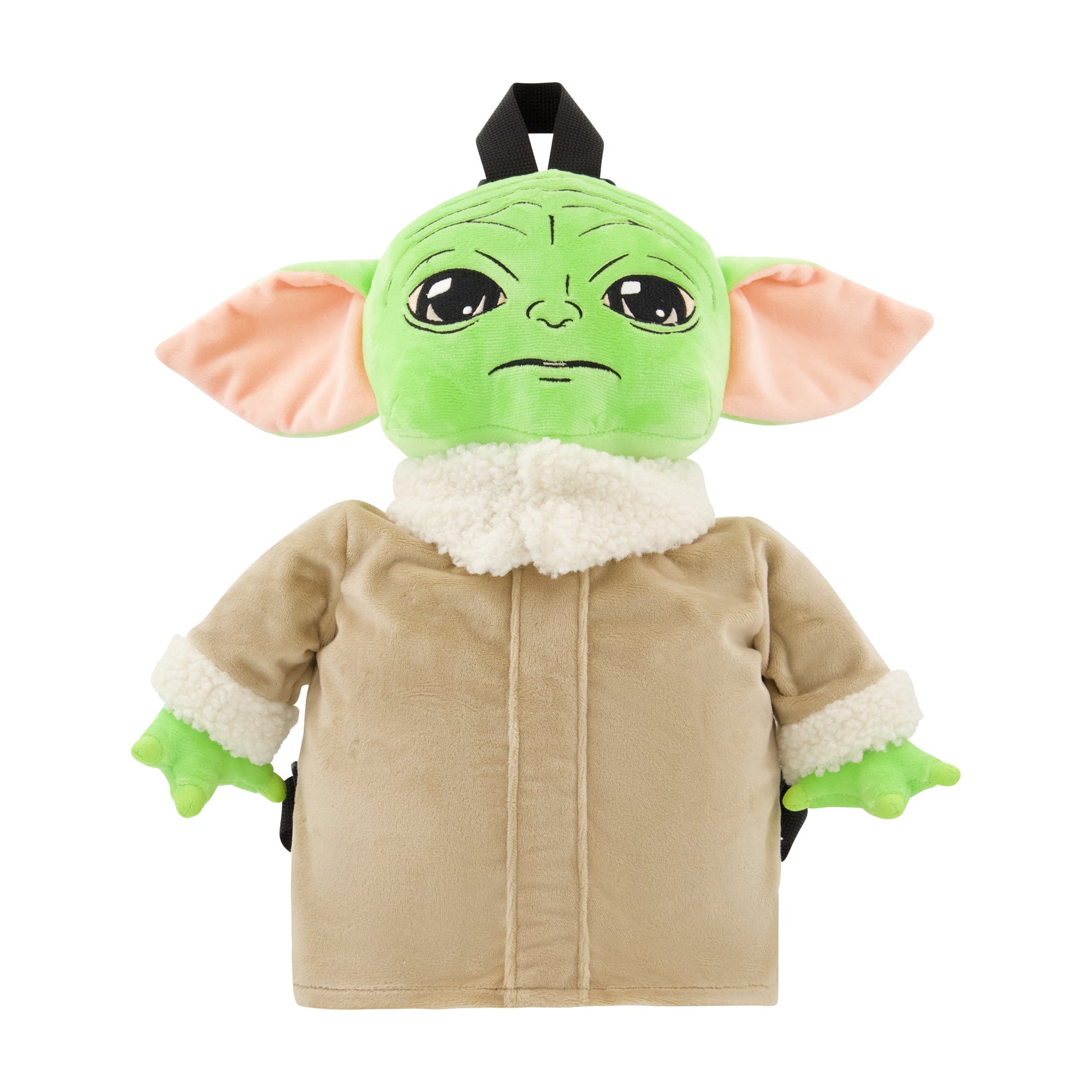 Front view of Star Wars Grogu plush backpack with large ears and robe