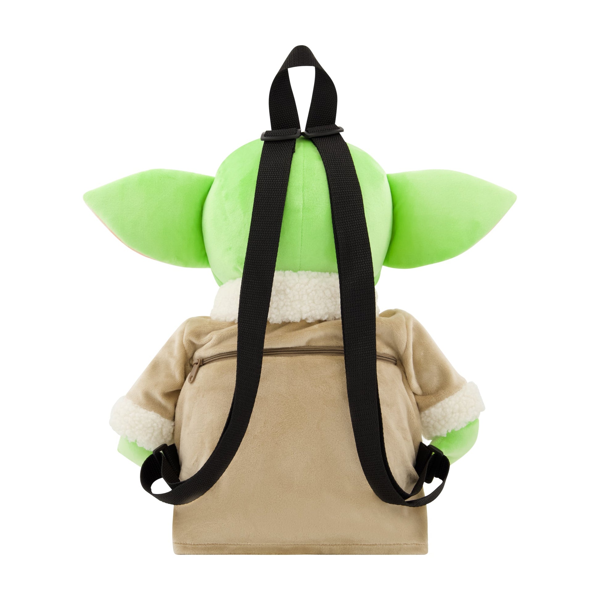 Side profile of Grogu character backpack showing soft plush texture