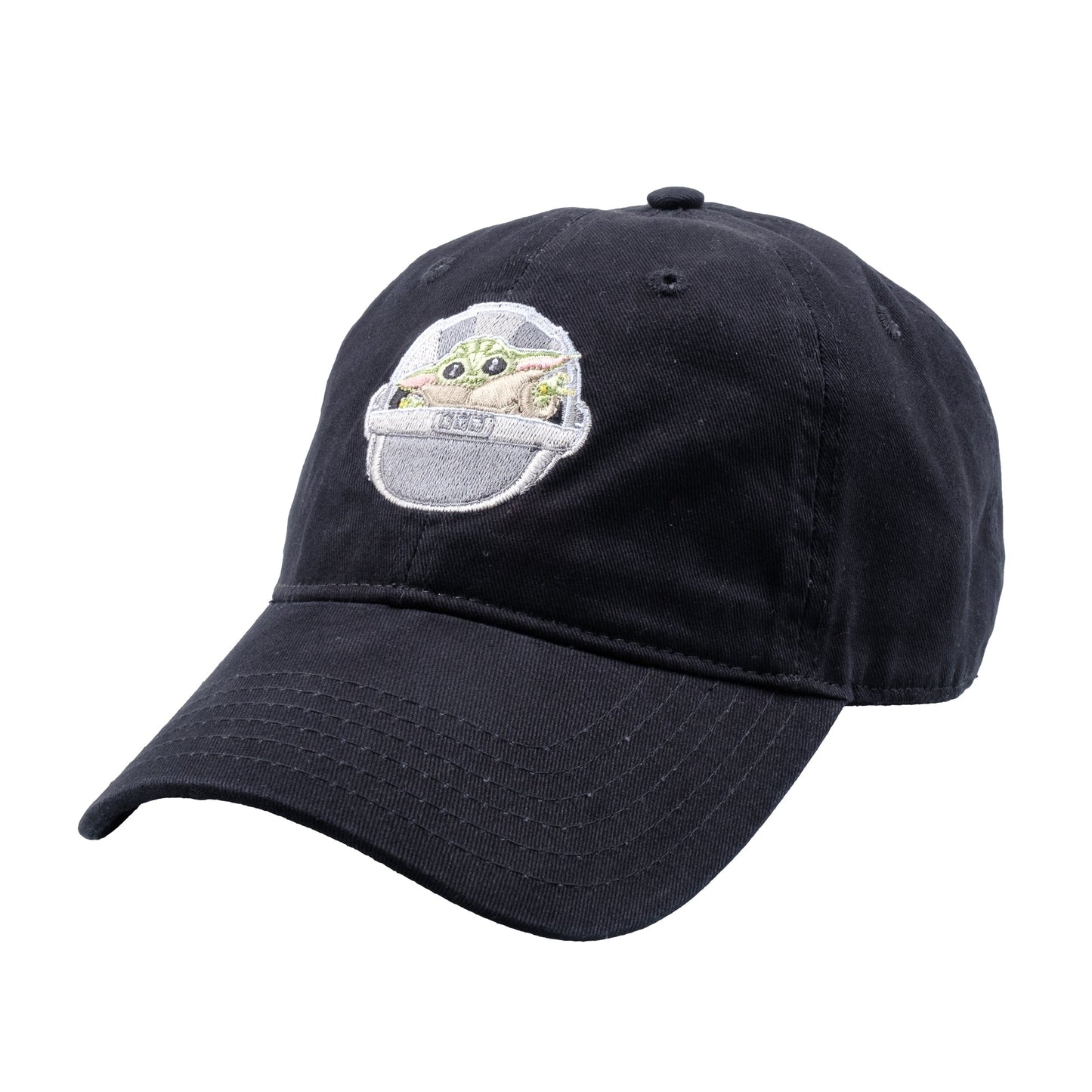 Front view of black Star Wars hat with Grogu in hovering pram embroidery
