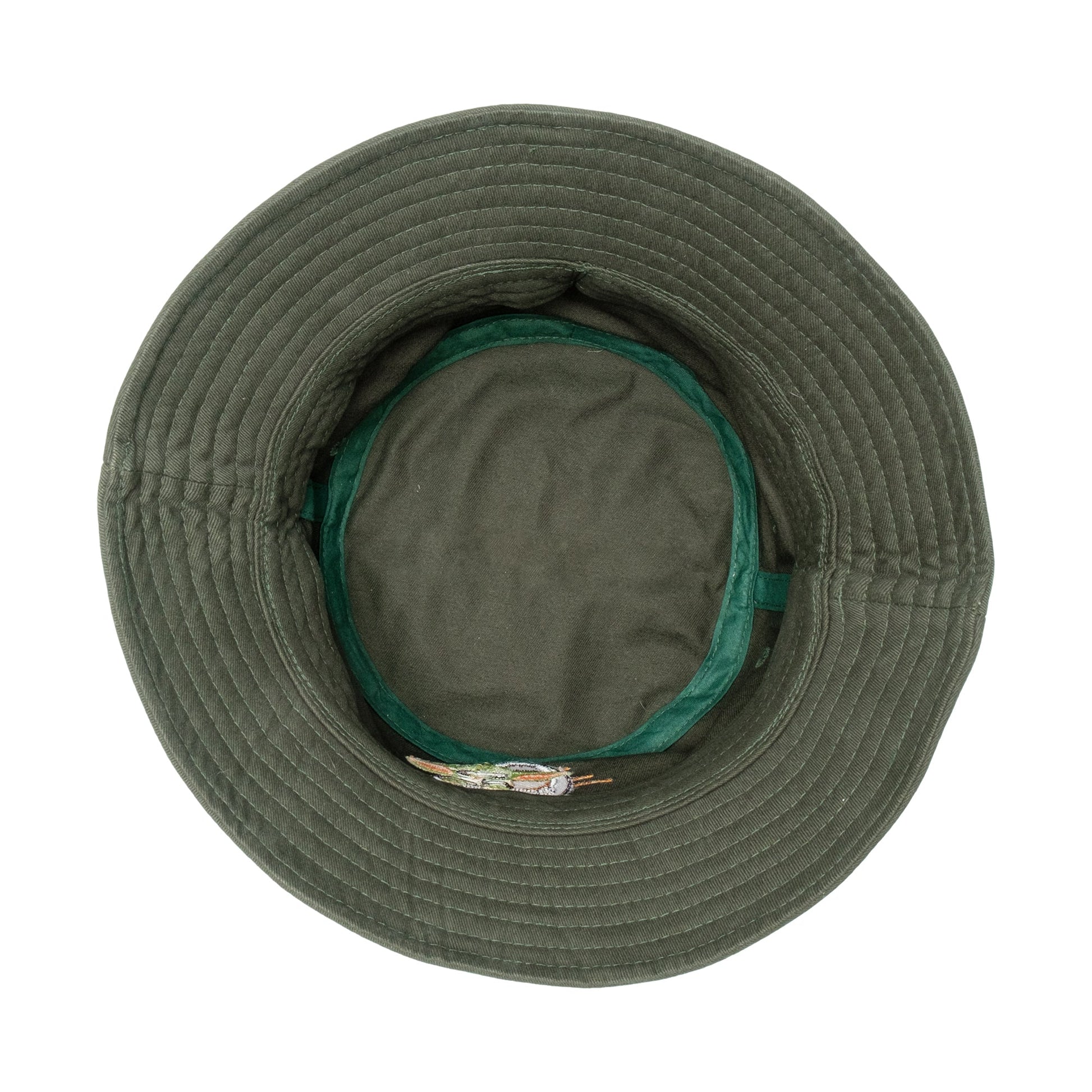 The Child Grogu green corduroy bucket hat close-up embroidery detail