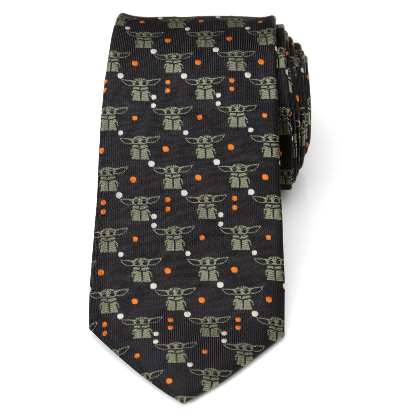 Star Wars Grogu necktie with orange and white dot pattern details