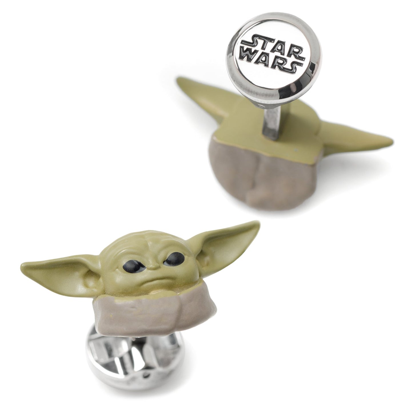 Detailed view of the Grogu cufflink profile highlighting the three-dimensional ears and polished finish.