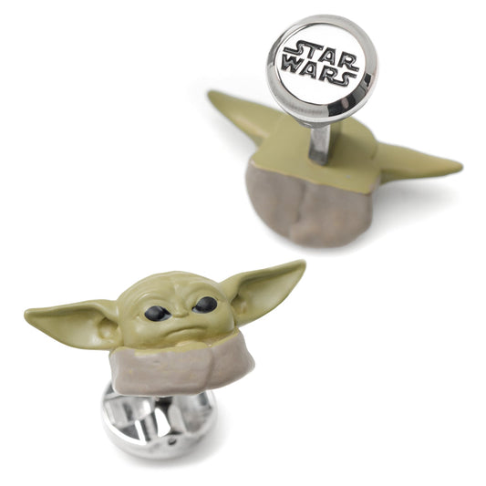 Detailed view of the Grogu cufflink profile highlighting the three-dimensional ears and polished finish.