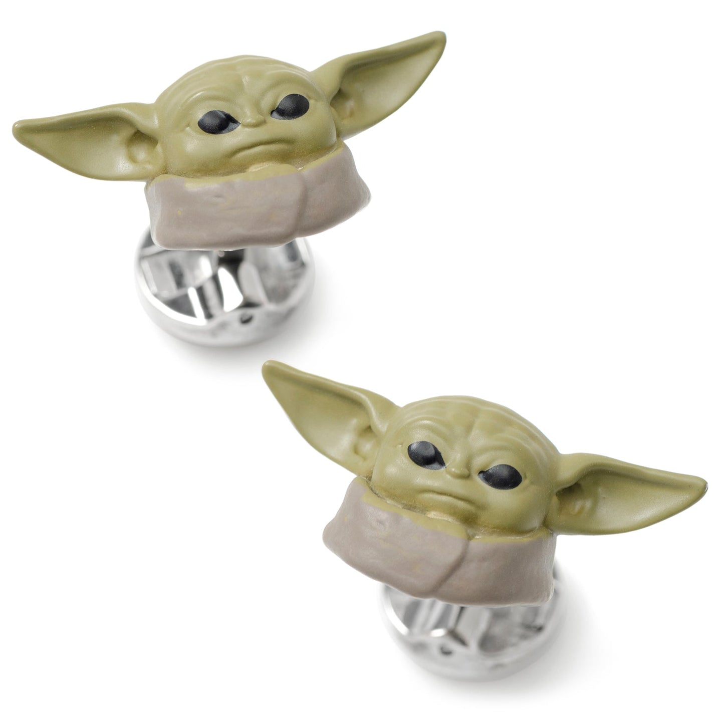 Close-up of Star Wars Grogu 3D cufflinks showing the detailed sculpt of The Child's face.