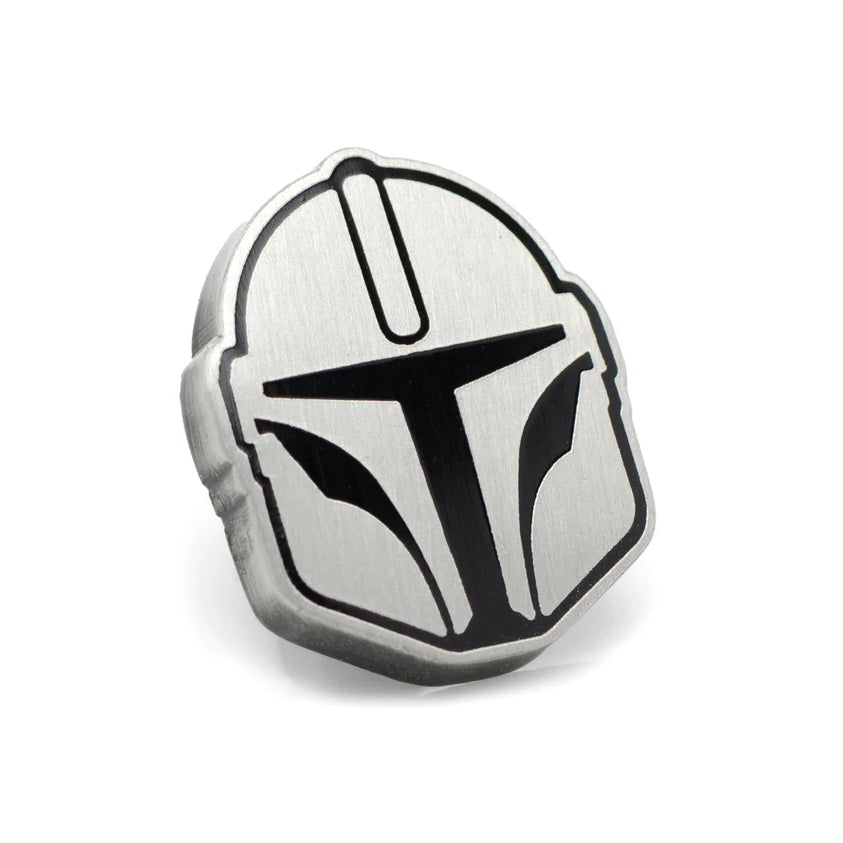 Side view of the Mandalorian lapel pin on a suit jacket