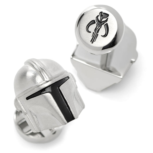 Side view of Mandalorian helmet cufflinks showing 3D depth.
