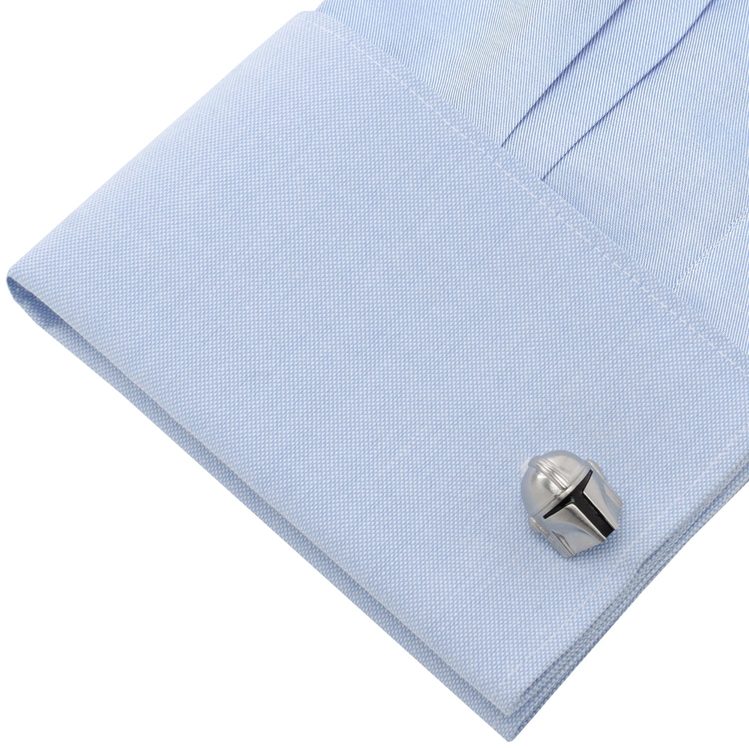 Detailed view of the black visor on the Mandalorian cufflinks.