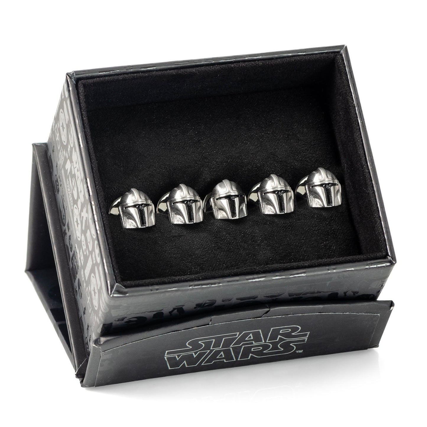 The Mandalorian shirt studs displayed on a white background showing silver shine.