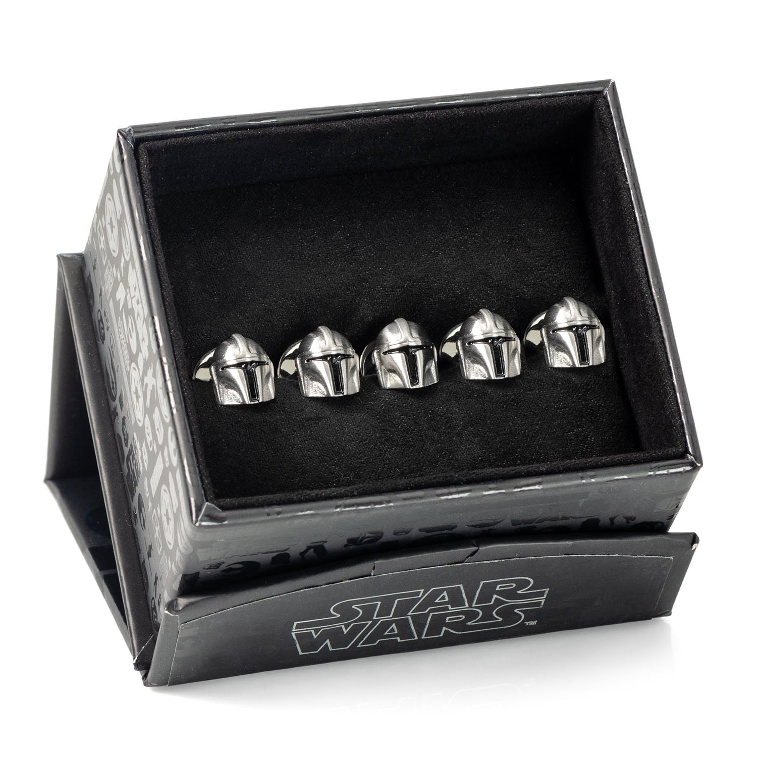 The Mandalorian shirt studs displayed on a white background showing silver shine.