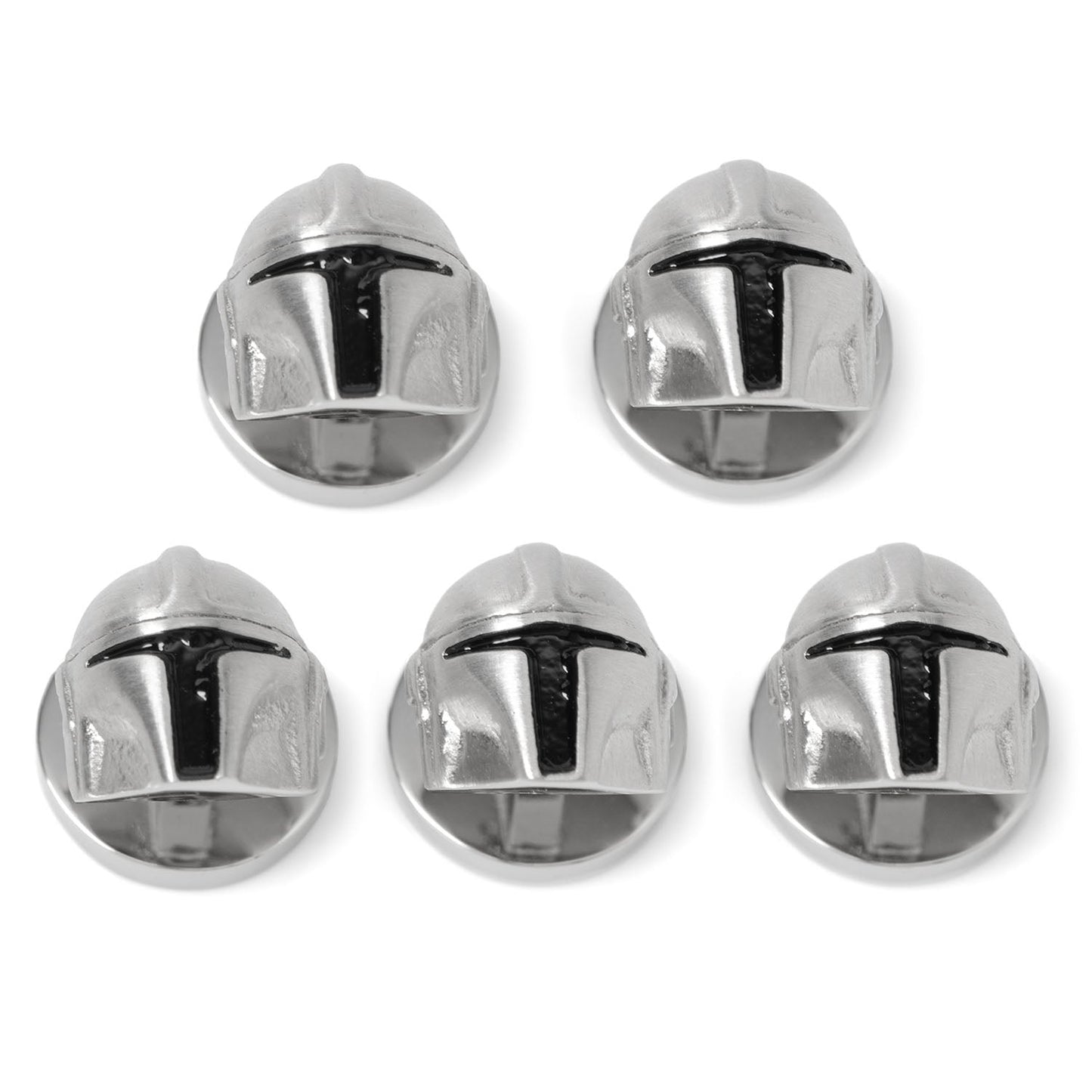 Close-up of The Mandalorian 3D helmet shirt studs in shiny silver stainless steel.