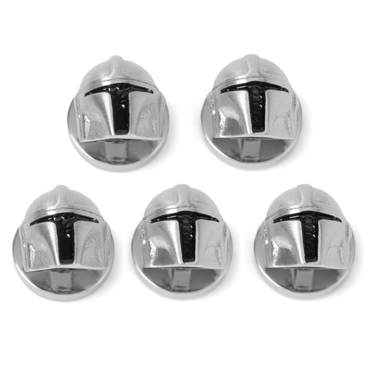 Close-up of The Mandalorian 3D helmet shirt studs in shiny silver stainless steel.