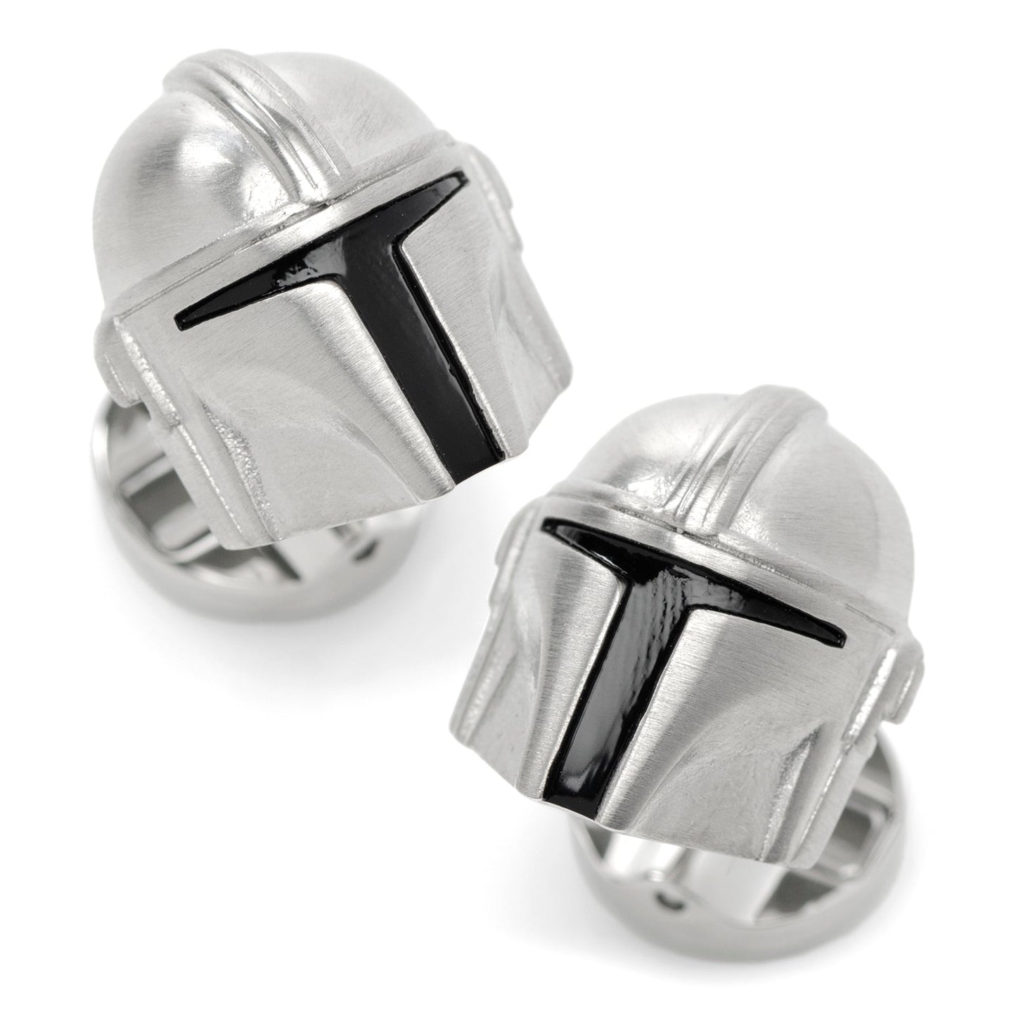 Close-up of Star Wars Mandalorian 3D helmet cufflinks in silver.