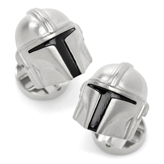 Close-up of Star Wars Mandalorian 3D helmet cufflinks in silver.