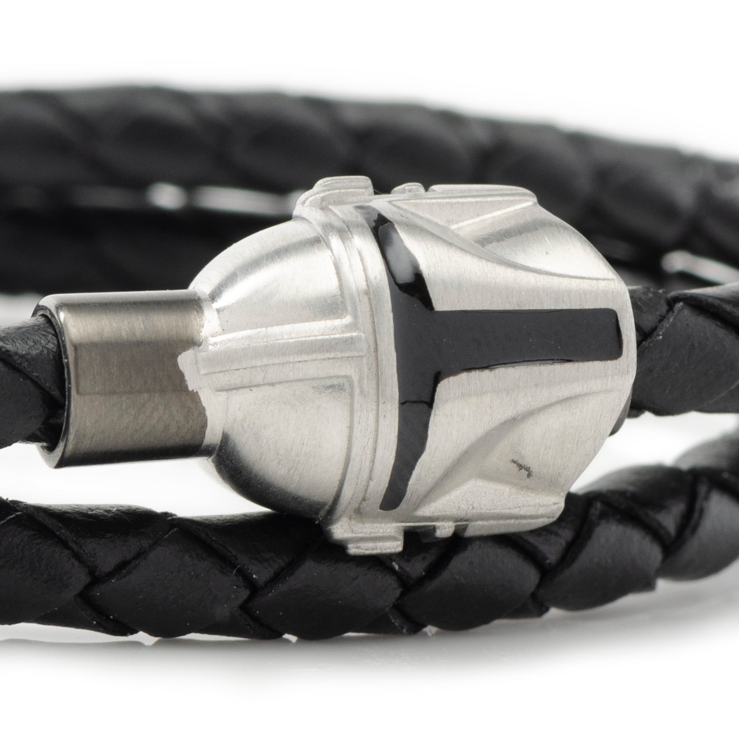 Full view of the black braided leather double wrap bracelet