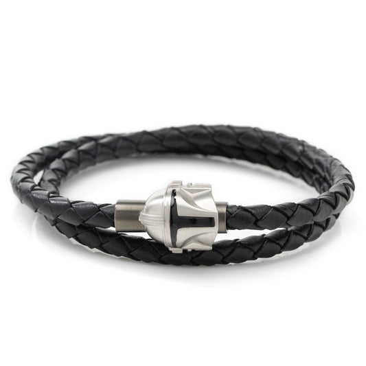 Star Wars Mandalorian Double Wrap Leather Bracelet with 3D helmet clasp