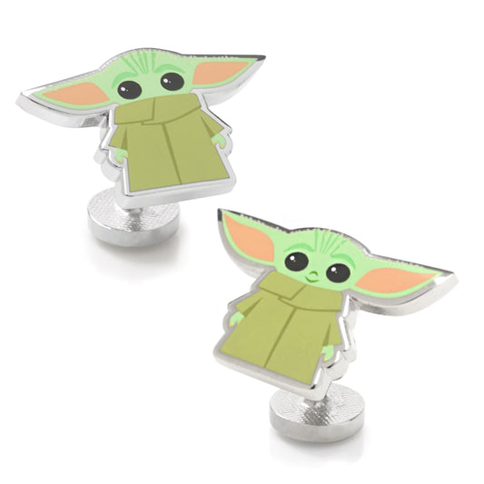 Detailed view of the printed Grogu character design on plated metal cufflinks