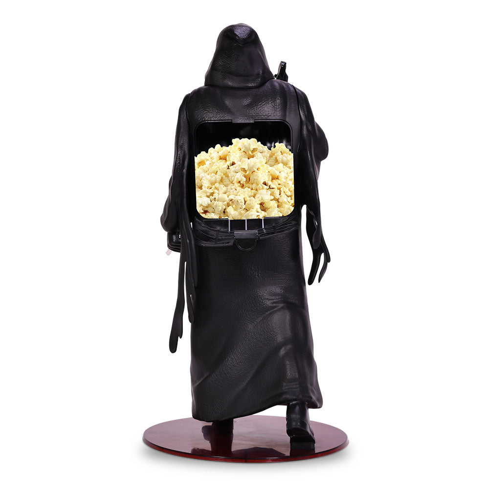 Angled profile of the 20-inch Ghostface collectible popcorn bucket highlighting its detailed sculpted plastic hood