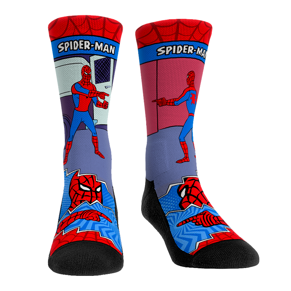 Spider-Man pointing meme graphic on red and blue socks