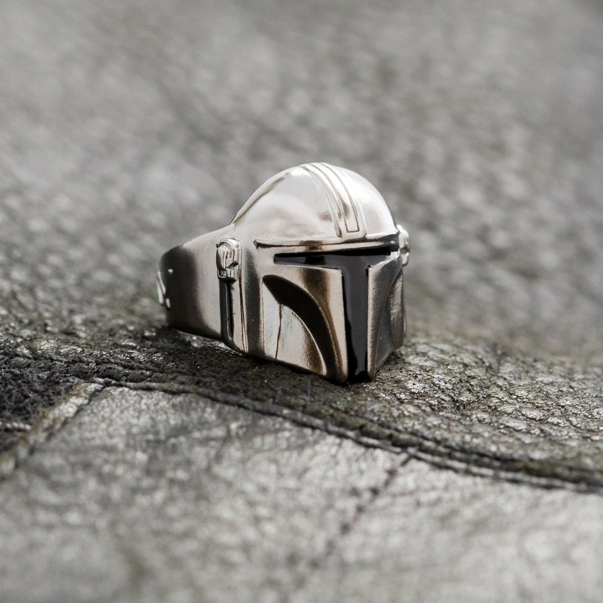 Back of the Mandalorian ring band showing solid sterling silver construction