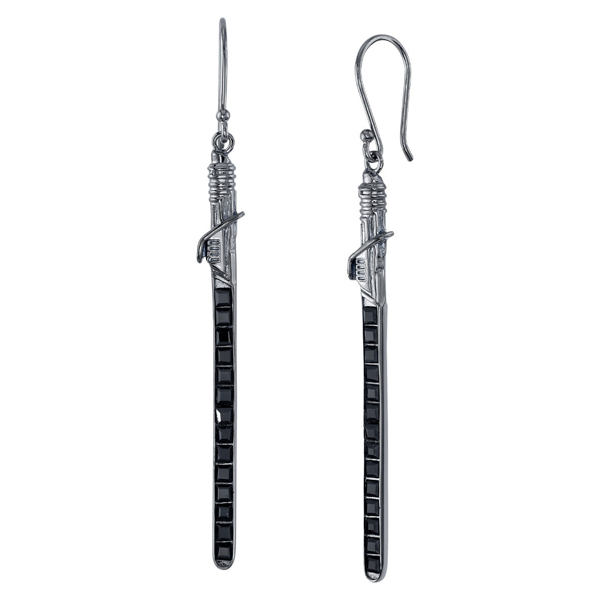 Star Wars x RockLove Darksaber Crystal Lightsaber Earrings with black rhodium finish.