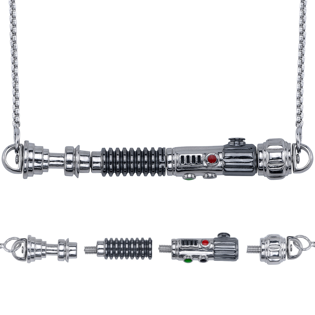Star Wars x RockLove Duty and Resolve Lightsaber Necklace on adjustable box chain.