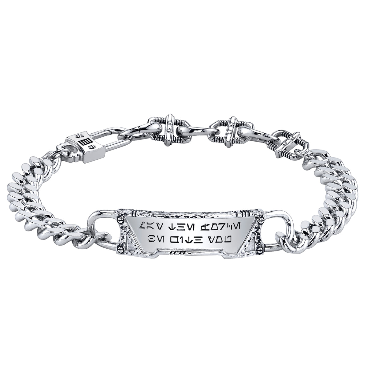 Close-up of the Aurebesh engraving on the curved ID bar of the Star Wars x RockLove bracelet.