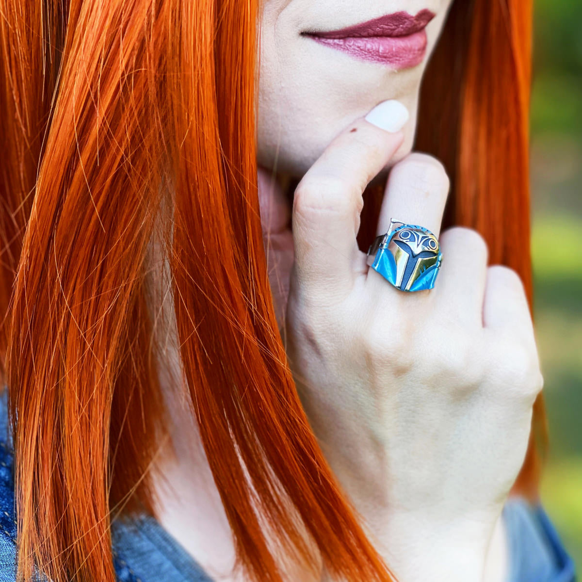 Bo-Katan helmet ring being worn on a finger to show scale