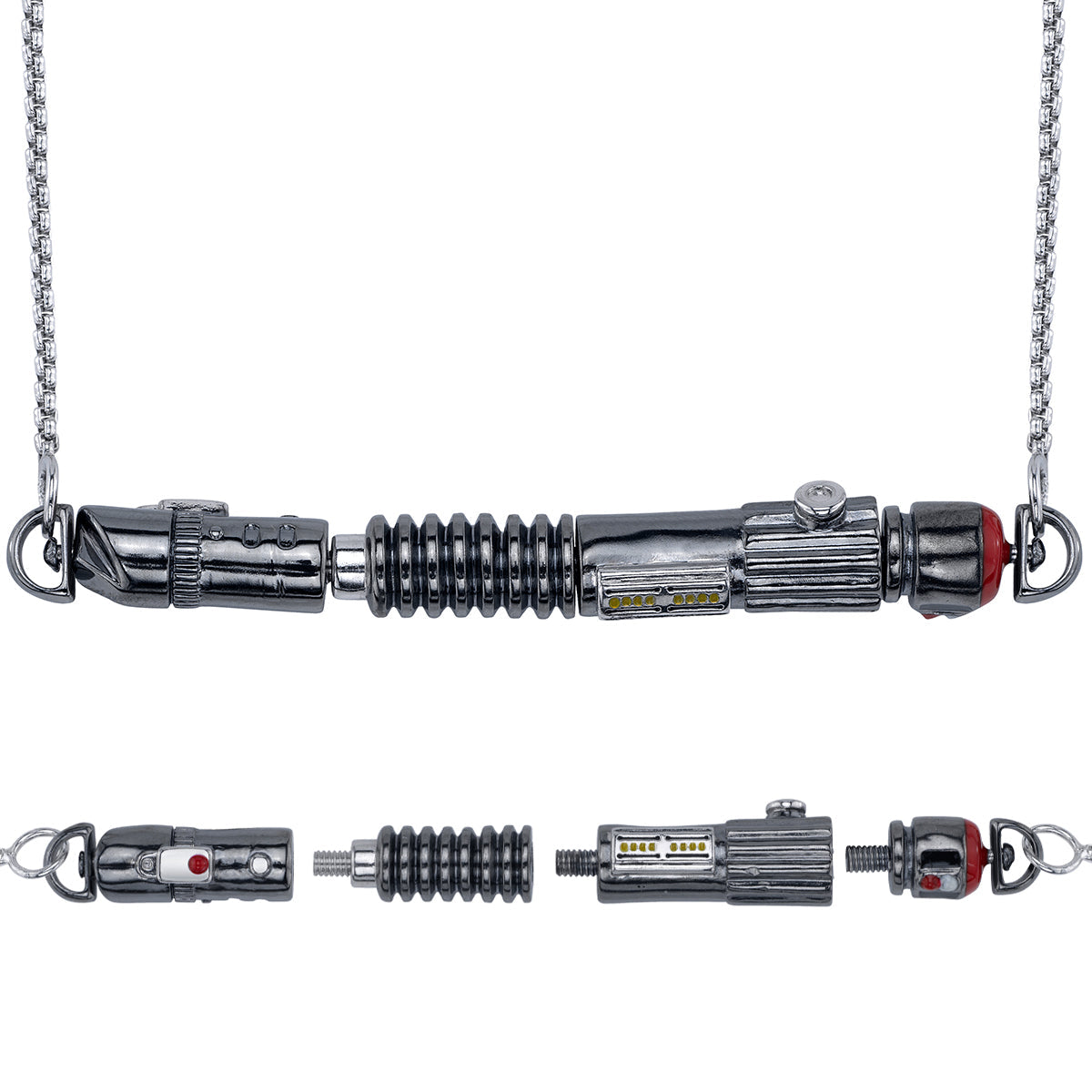 Unassembled black rhodium Lightsaber hilt components from the Star Wars x RockLove Power and Control collection.