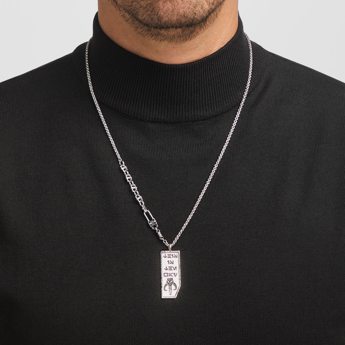 Mandalorian This Is the Way necklace shown on a heavy double-link cable chain with custom-sculpted links.