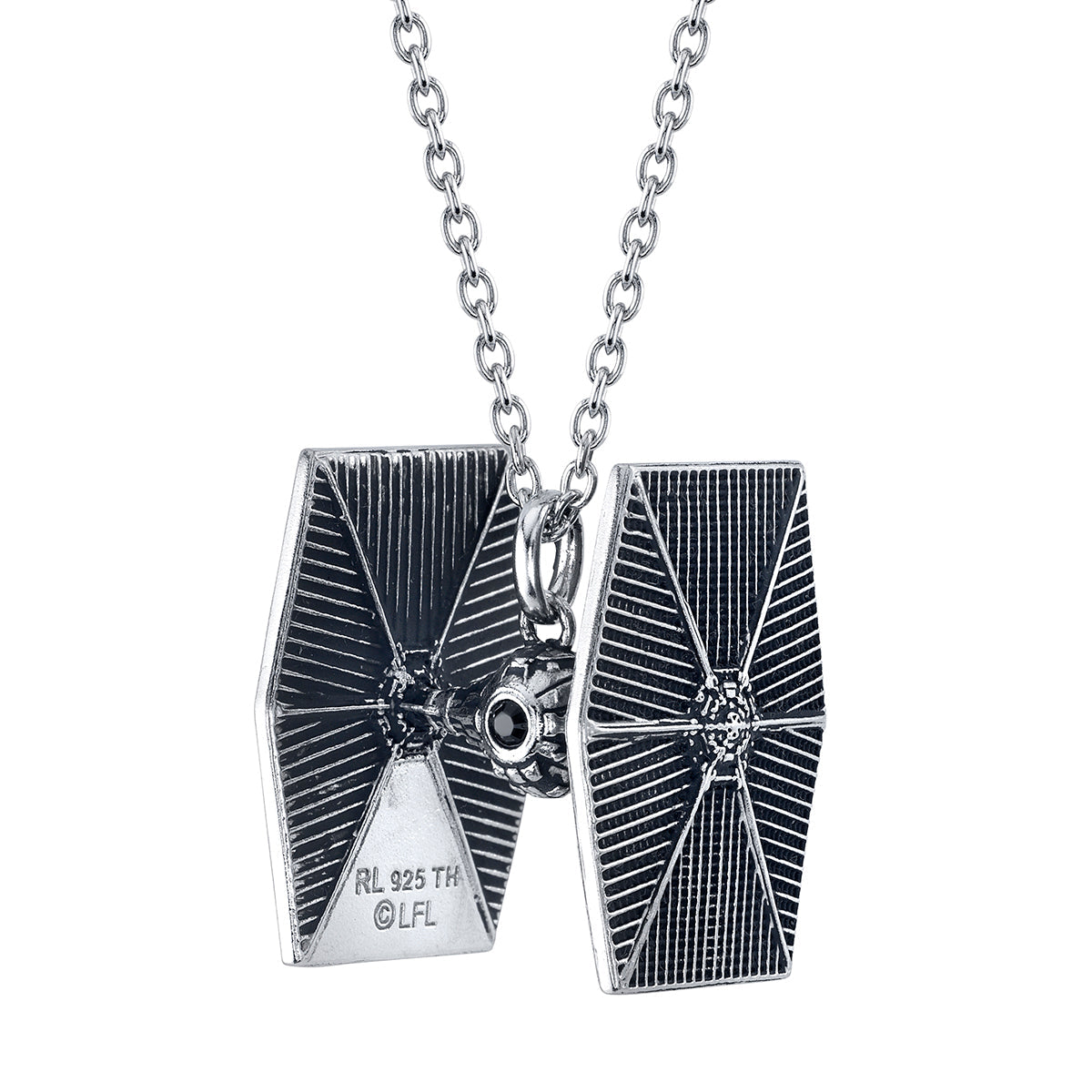 TIE Fighter necklace showing the adjustable sterling silver cable chain