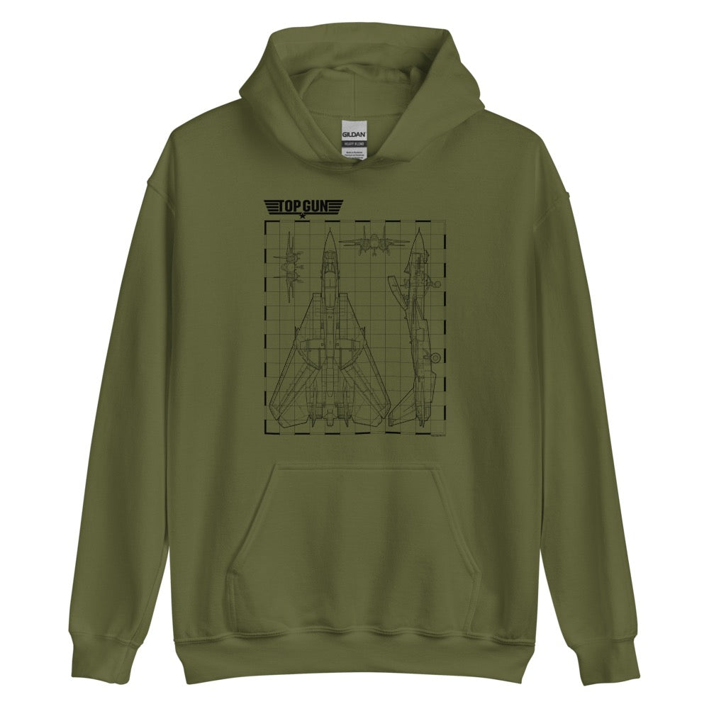 Top Gun Fighter Jet Schematics Hooded Sweatshirt Military Green