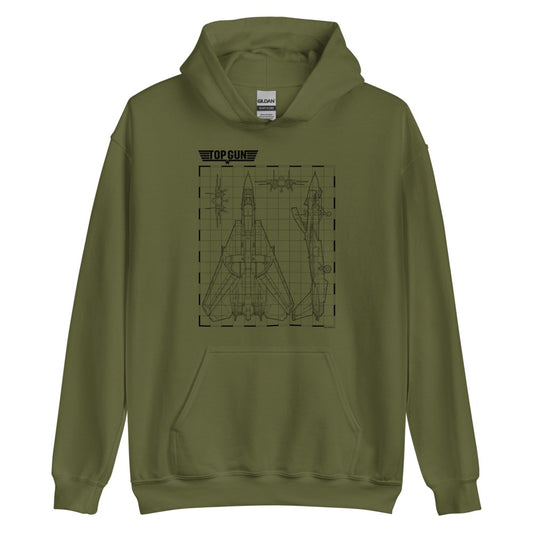Top Gun Fighter Jet Schematics Hooded Sweatshirt Military Green