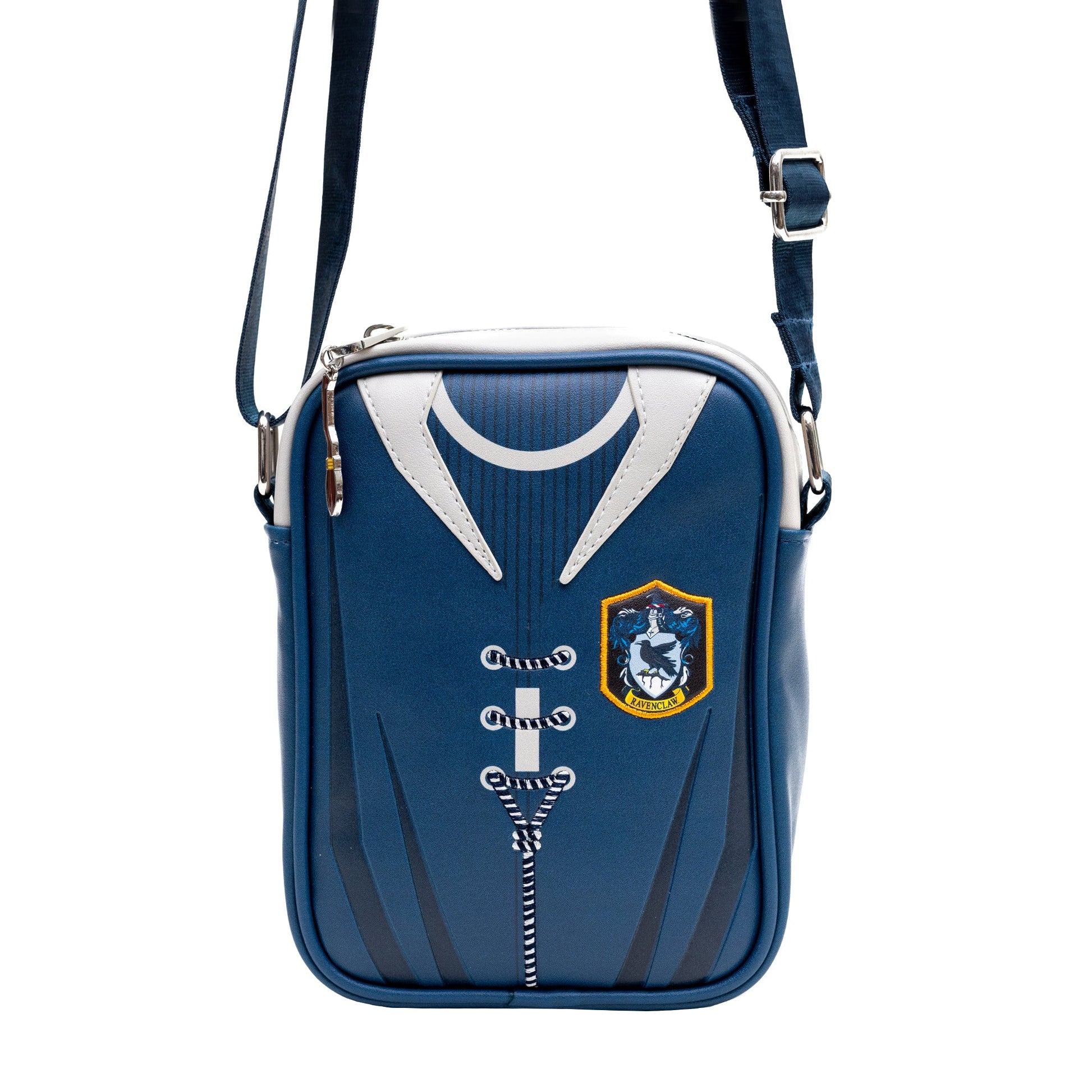 Close up of the vibrant Quidditch uniform artwork on the blue crossbody bag