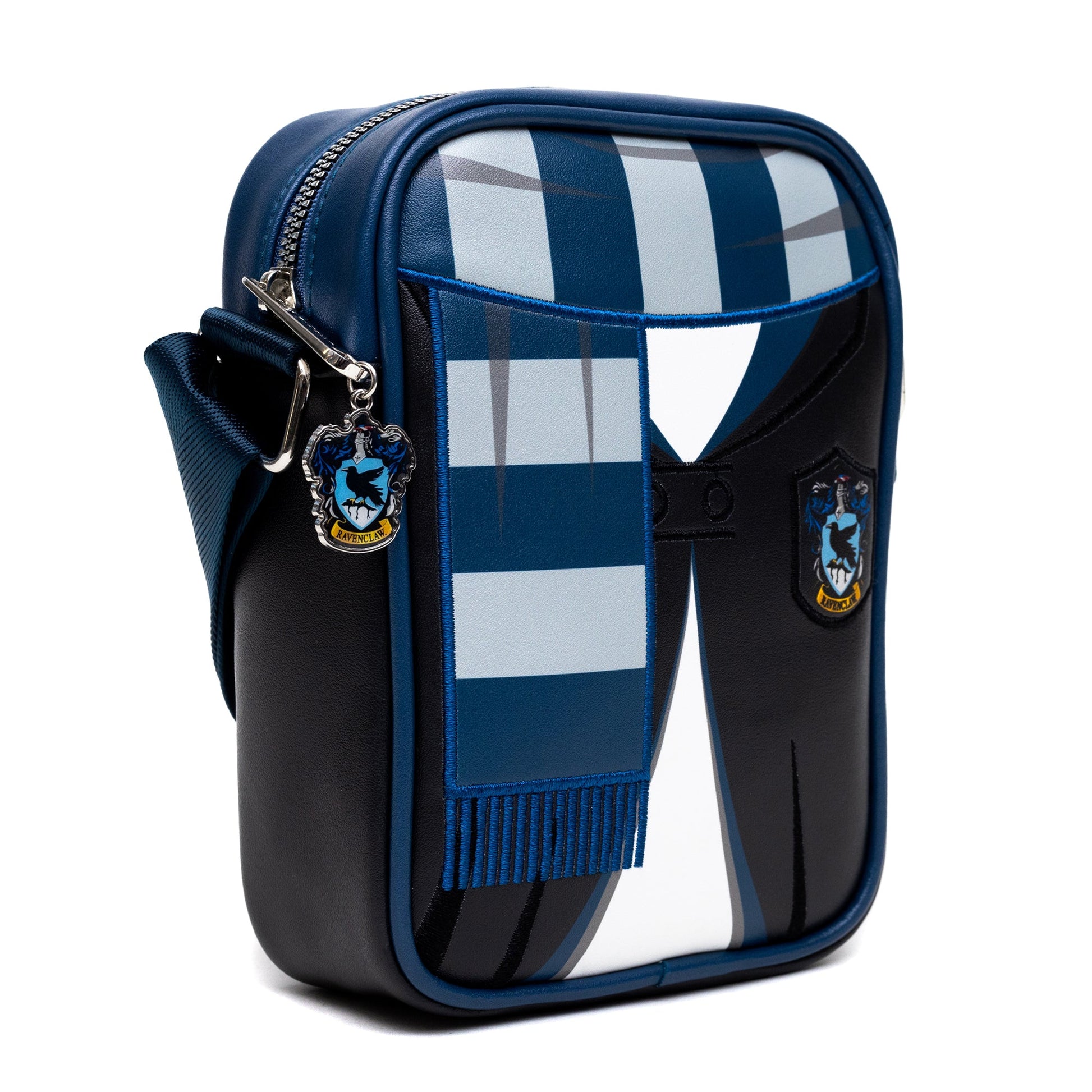 Detailed embroidery of Ravenclaw house uniform on vegan leather bag
