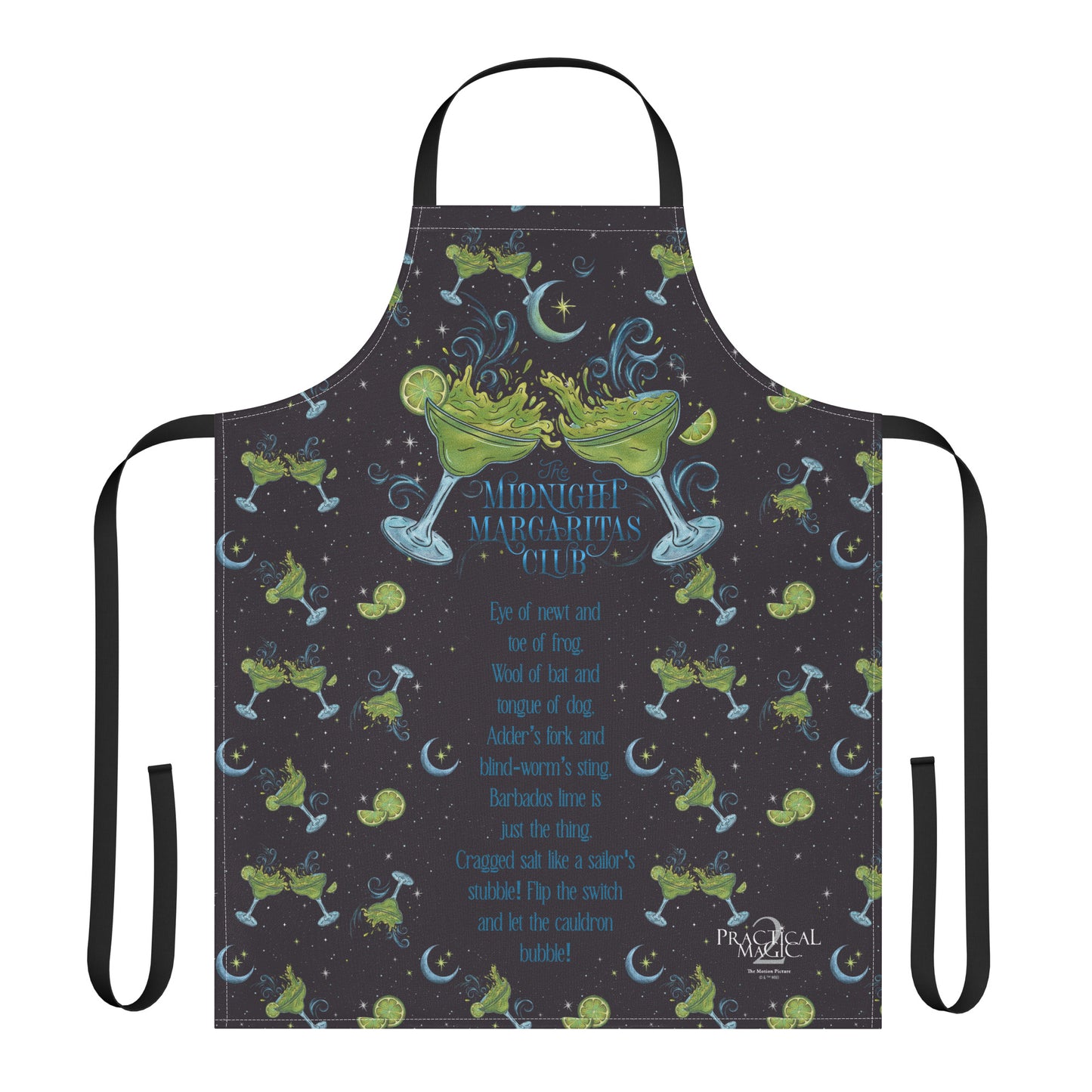Unisex kitchen apron featuring the Practical Magic 2 Midnight Margaritas Club graphic on the chest.