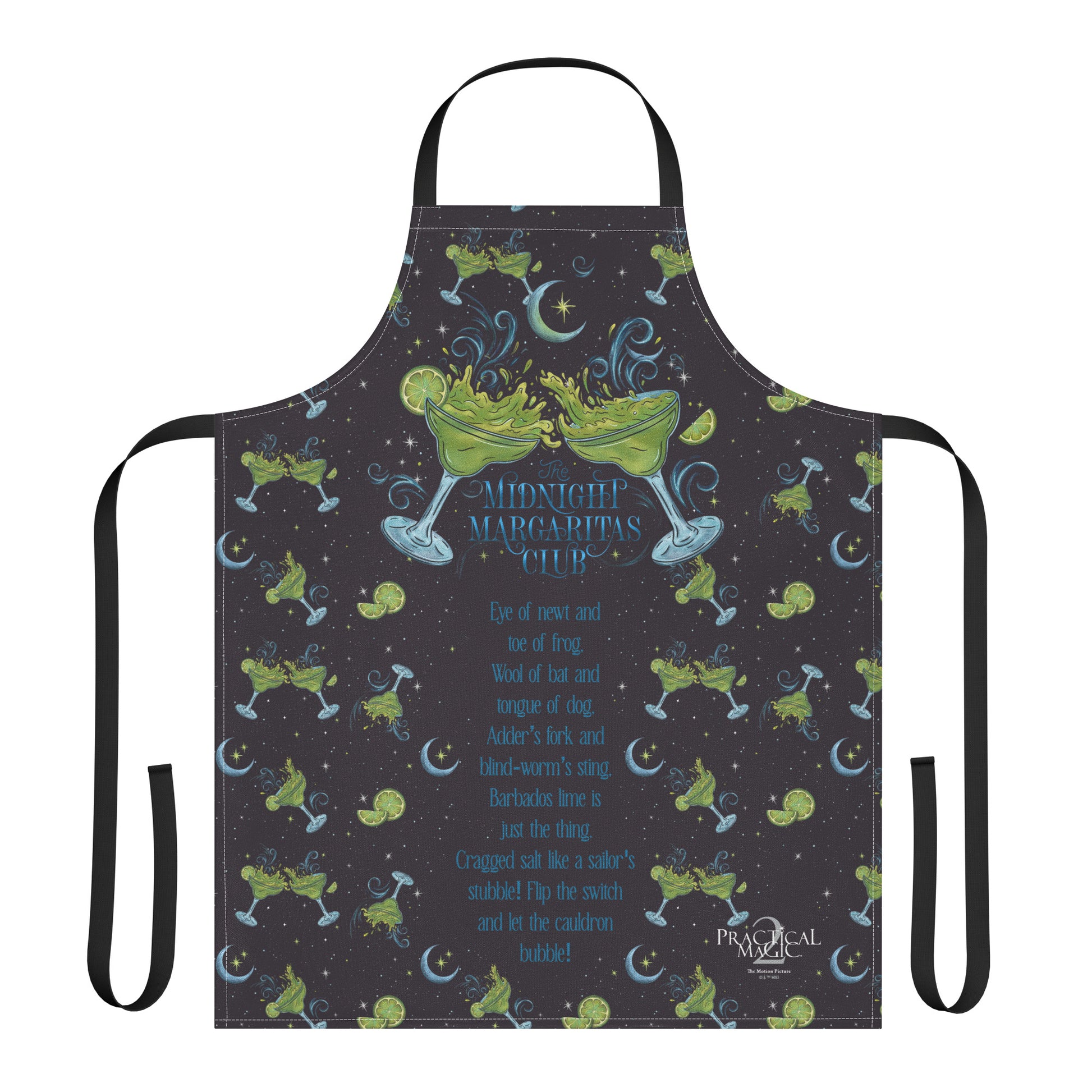 Unisex kitchen apron featuring the Practical Magic 2 Midnight Margaritas Club graphic on the chest.