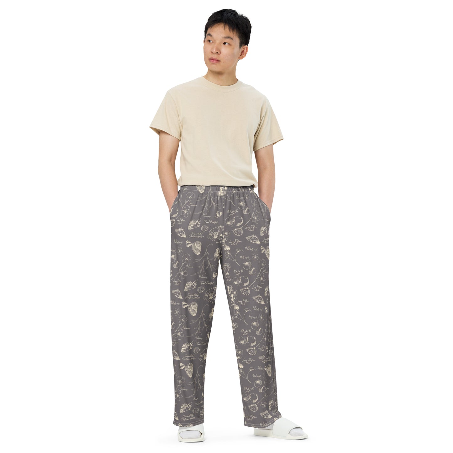 Full view of the unisex Practical Magic potion ingredients pajama pants.