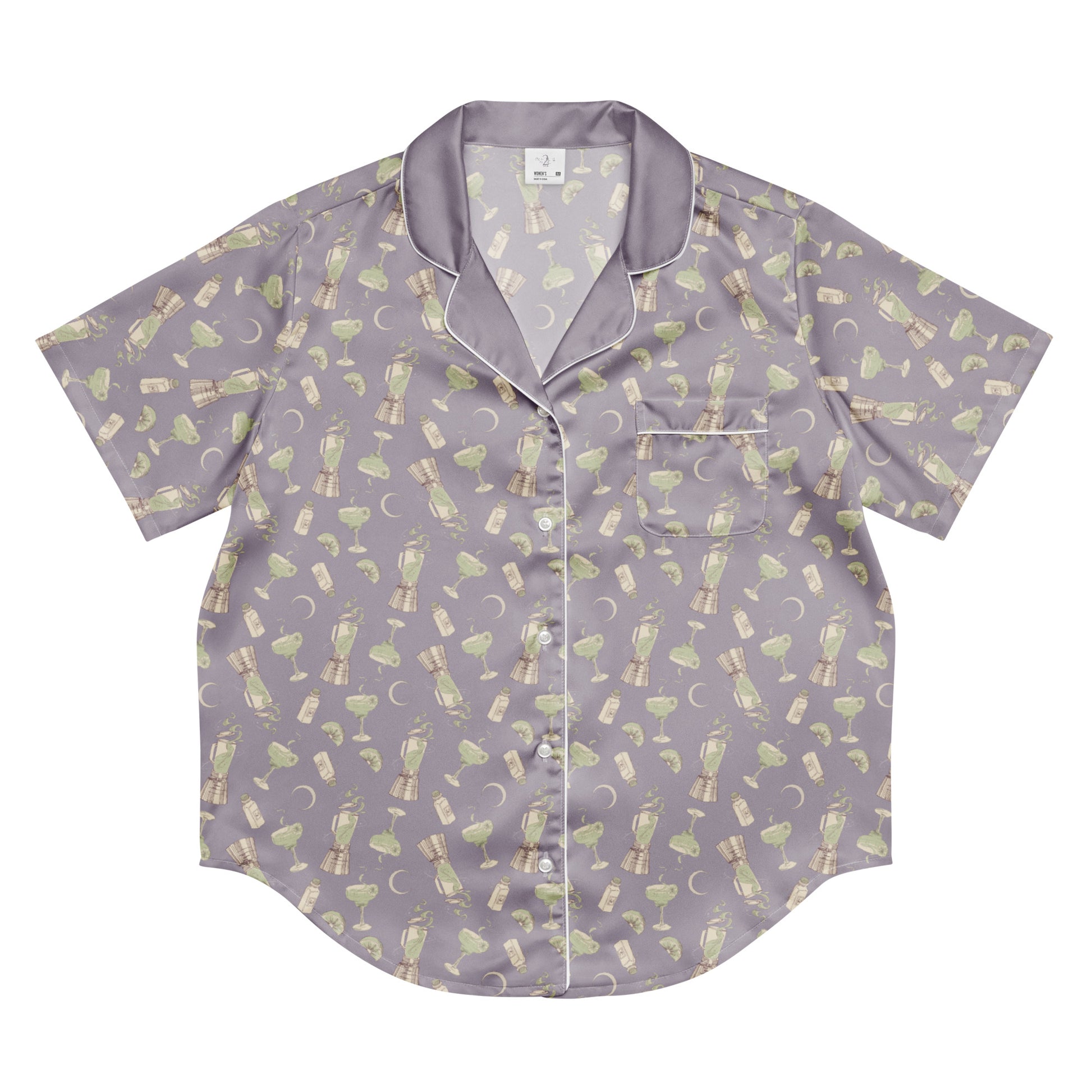 Practical Magic 2 pajama top featuring a margarita pattern on a dark background.