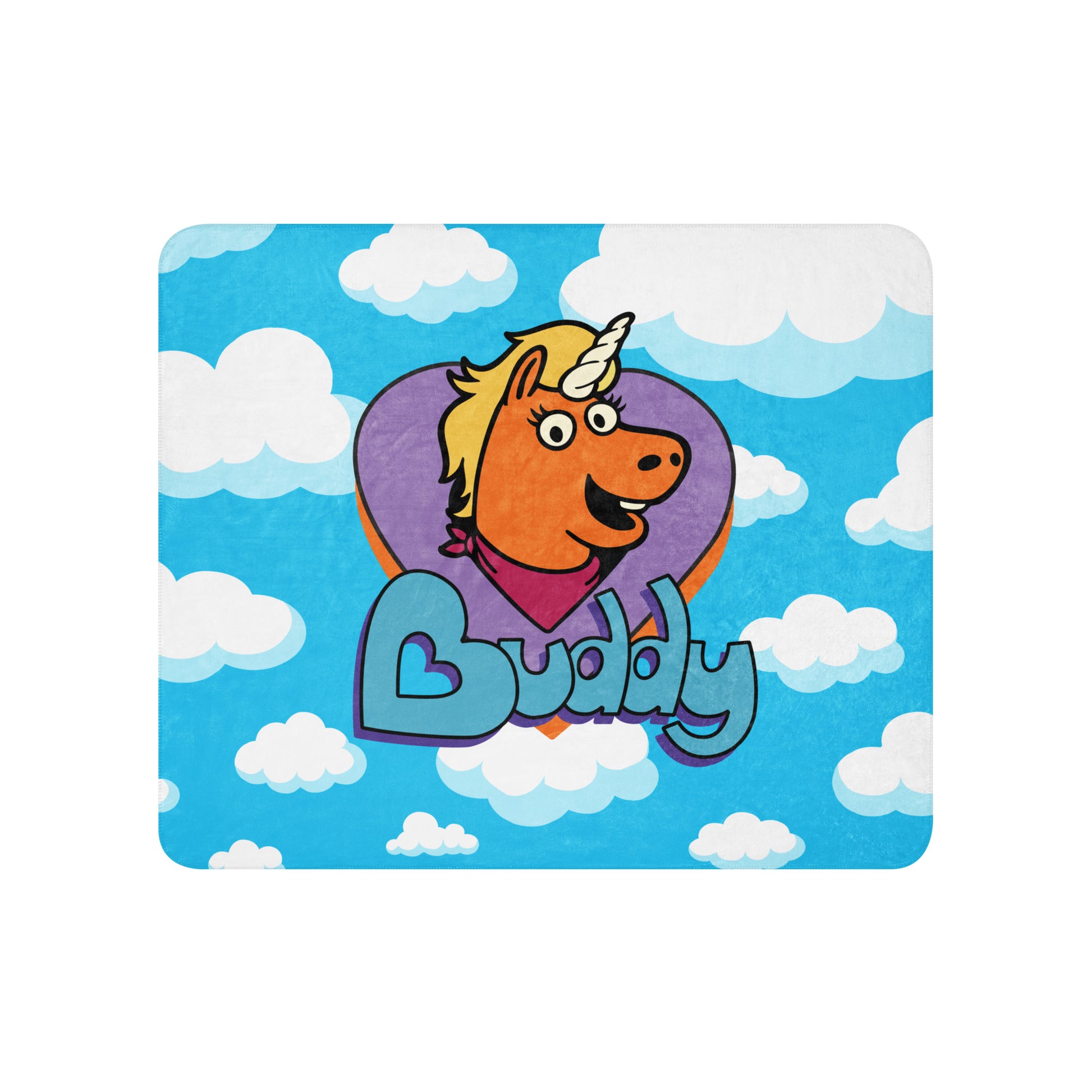 Soft white sherpa fabric texture on the back of the Buddy logo blanket