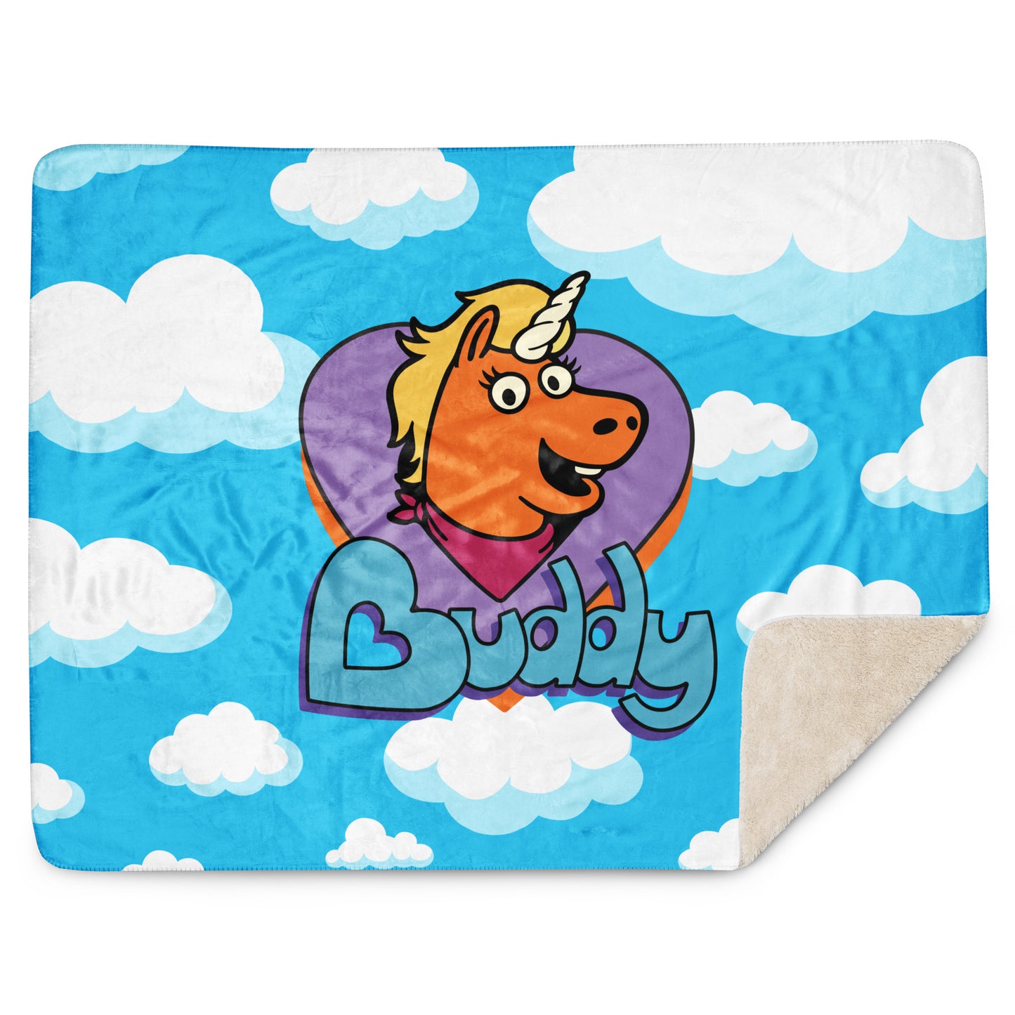 Close up of the colorful Buddy mascot logo on a white sherpa blanket
