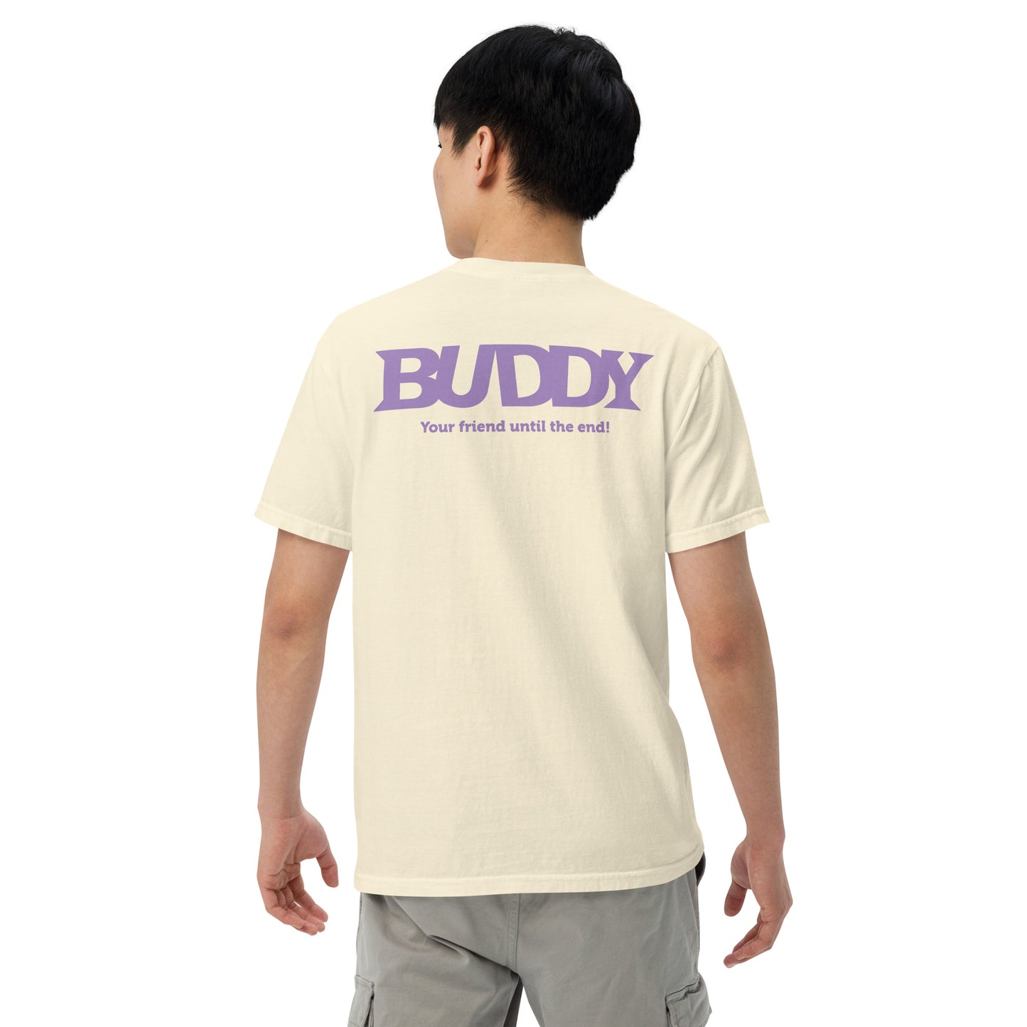 Close-up of 100% ring-spun cotton fabric on Buddy t-shirt