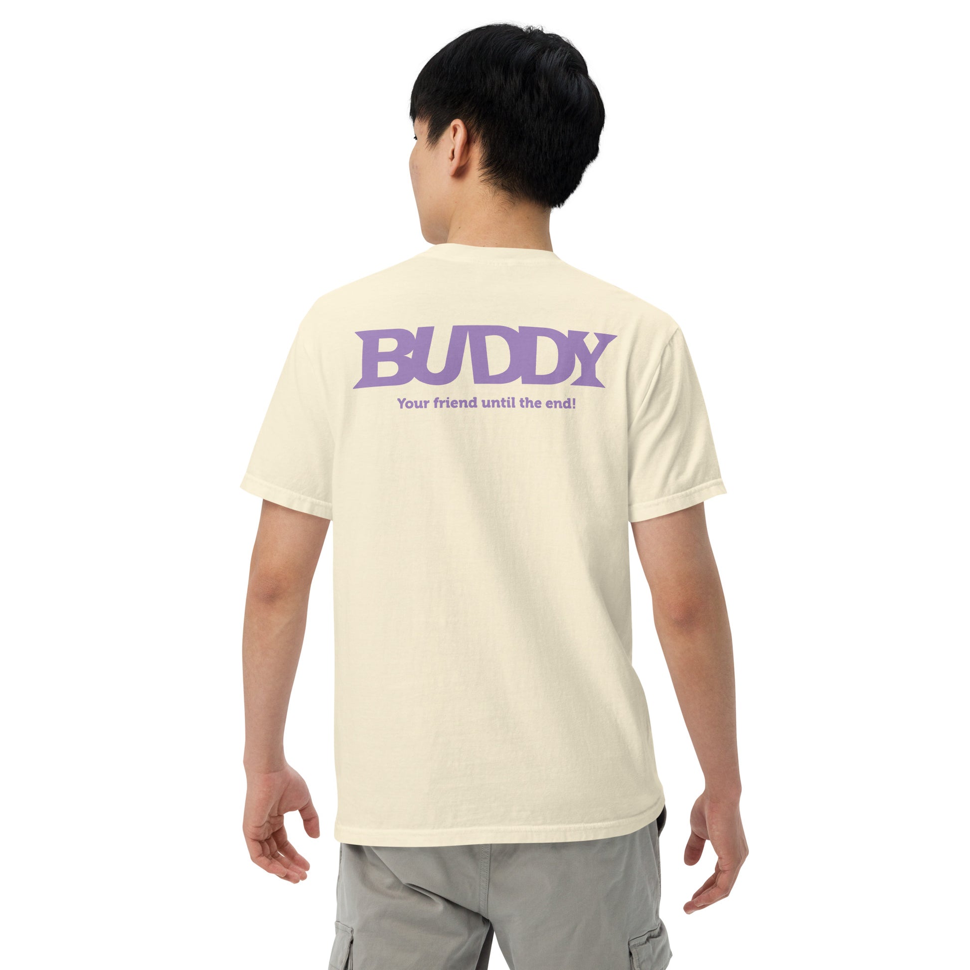 Close-up of 100% ring-spun cotton fabric on Buddy t-shirt