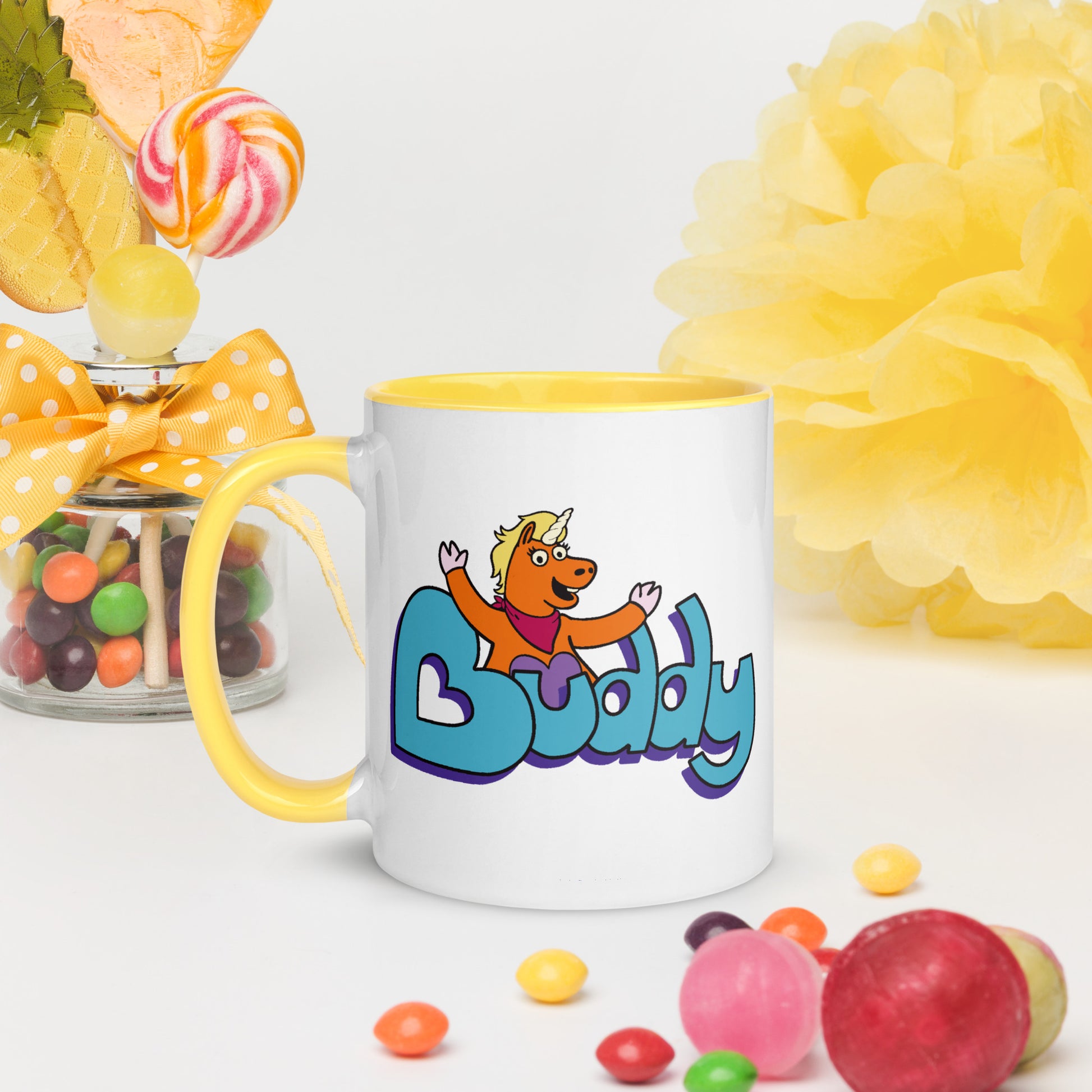 Close-up of the officially licensed Buddy logo on drinkware